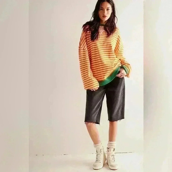 Free People Tops - FREE PEOPLE | Classic Striped Oversized Crewneck in Green Blue Combo XS NWOT